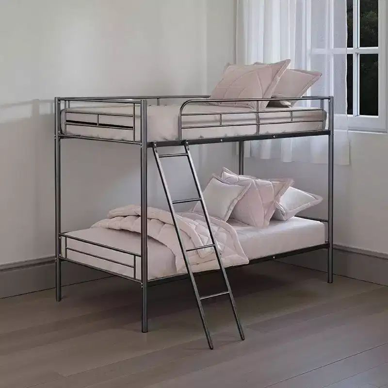 Twin Over Twin Bunk Bed, Black Metal Frame, Attached Angled Ladder
