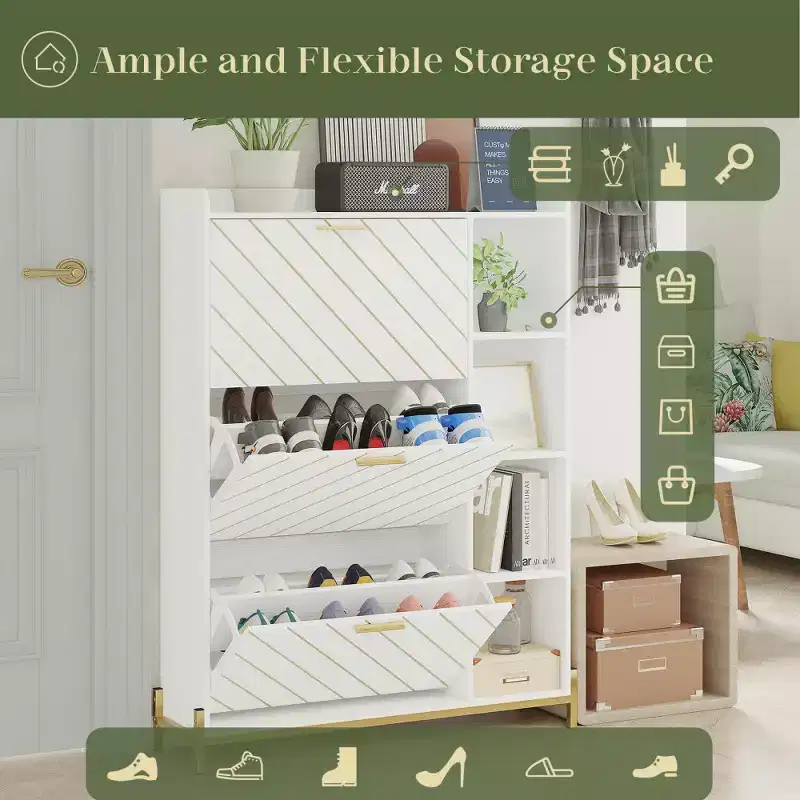Freestanding Shoe Cabinet with 4 Flip Drawers & 2 Open Shelves, 8-Tier Narrow Hidden Shoe Rack for Heels, Wooden Shoes Rack for Entryway, Hallway