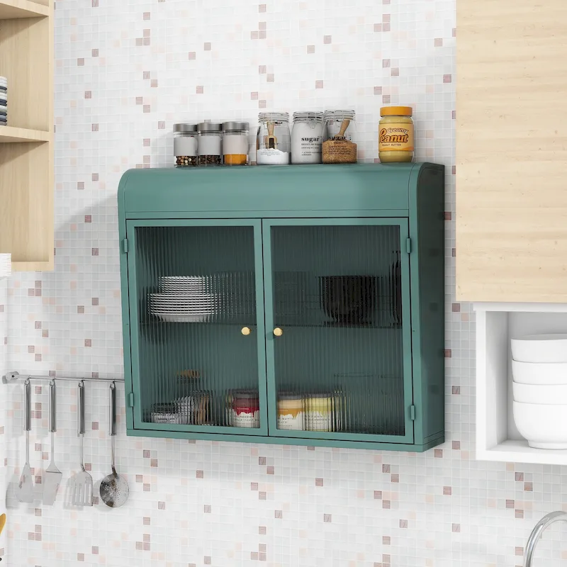2-Door Wall-Mounted Metal Storage Cabinet with Tempered Glass Doors & Shelves for Bathroom, Kitchen, Living Room & Office