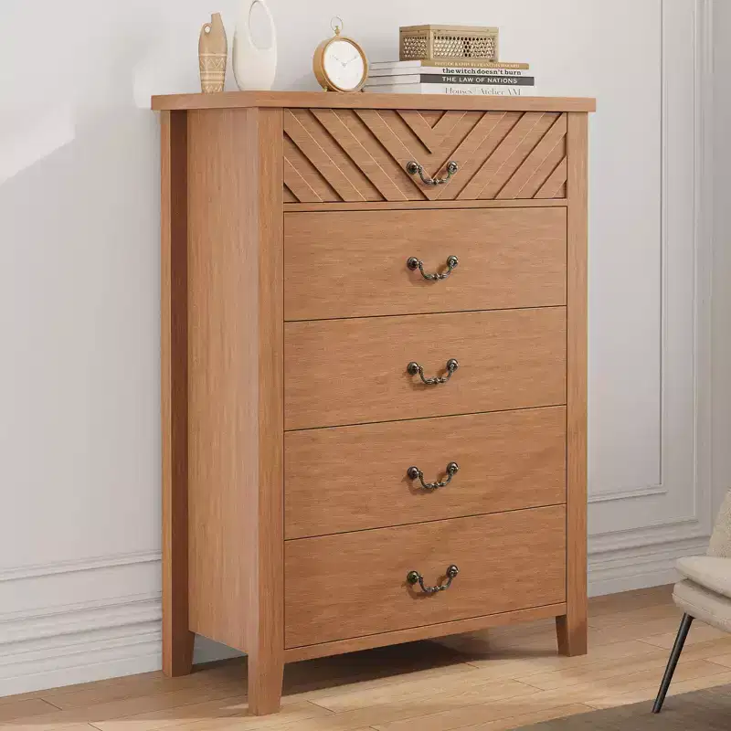 Farmhouse 5 Dresser for Bedroom, 45.2 in Tall Dresser, Vertical Drawer with Storage Freestanding, Wooden Closet Storage Chest for Bedroom