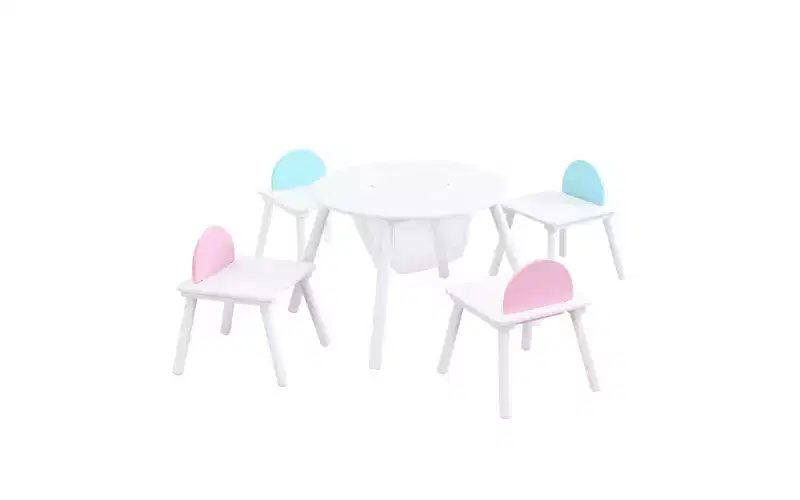 Children's Panel Table With 4 Chairs, Hidden Storage Bag Kitchen Chairs Modern Artistic Chairs For Dining Room, Children's Room White