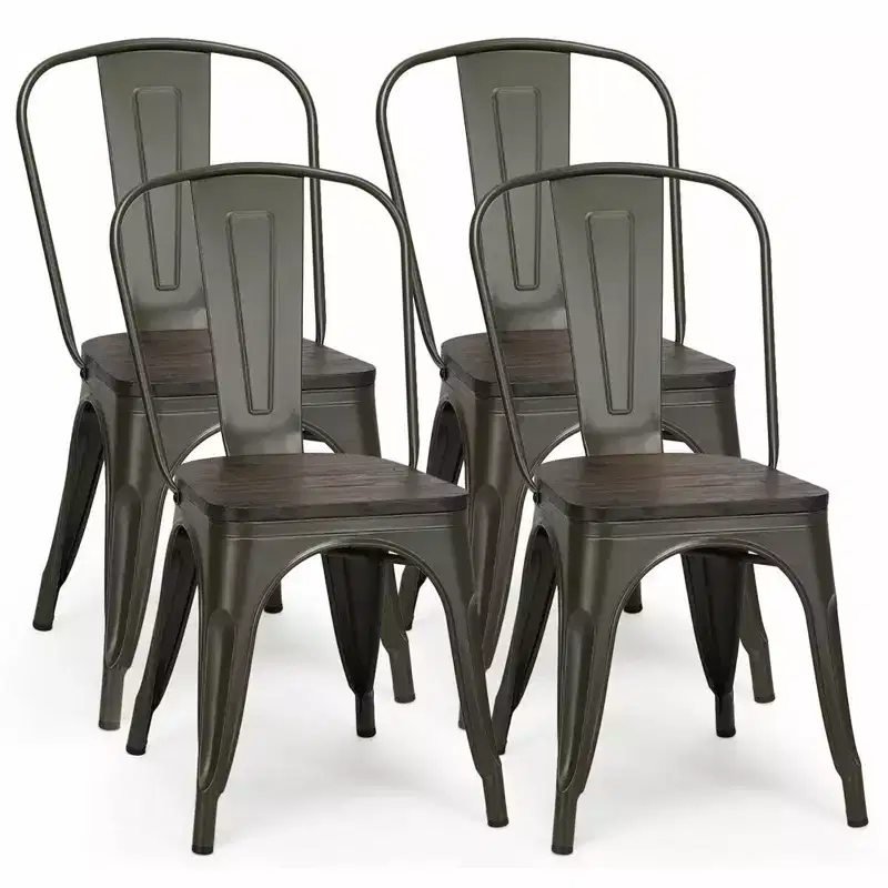 Set of 4 Modern Metal Dining Side Chairs, Wood Seat, Stackable