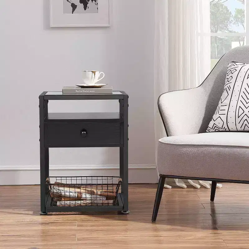 VECELO 1/2 PCs 3-tier Nightstand Glass Top Side End Table with Drawer & Open Shelf Brown/Black