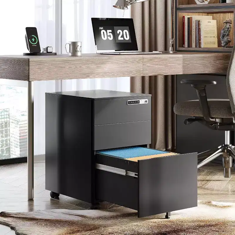 3-Drawer Cabinet with Smart Lock, Pre-Assembled Steel Desk
