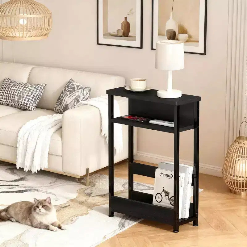Narrow Side Table, 3-Tier Slim End Table with Storage Shelf, Modern Sofa Thin Side Tables for Small Spaces,Nightstand with Magazine Rack Space Saving