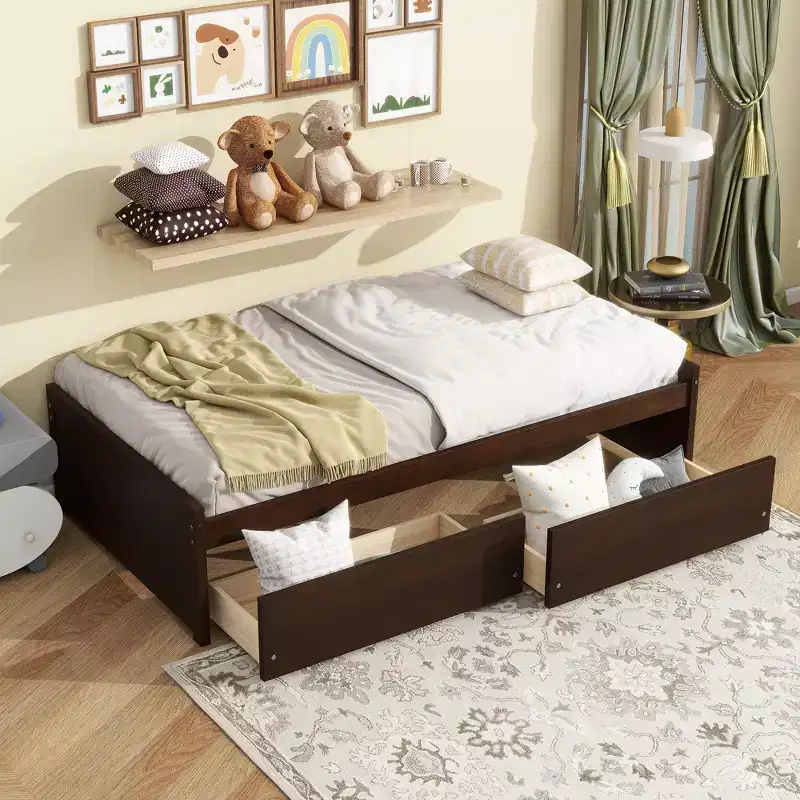 Twin Size Platform Bed with Drawers, Wood Daybed with Storage for Bedroom