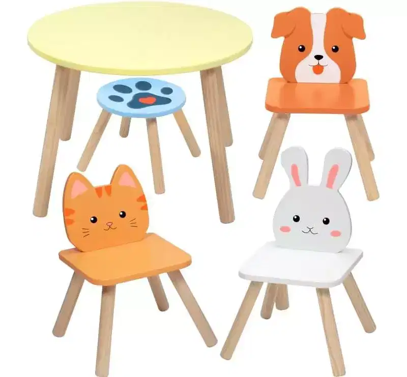 Kids Wooden Animal Table & Chair Set w 3 Seats (Puppy Kitten & Bunny) & Adult Stool for Arts Crafts, Dining, Pretend Play- Playroom Furniture for