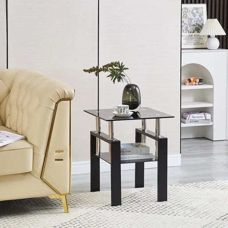 Black / Clear 2-Tier Tempered Glass Side Table, 1-Person
