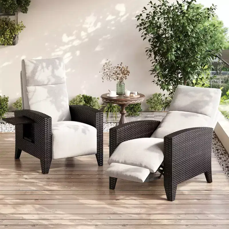 Wicker Recliner Chair with Adjustable Back & Footrest,150 Lay Flat Rattan Reclining Patio Chair with Extendable Side Table & Air Pump