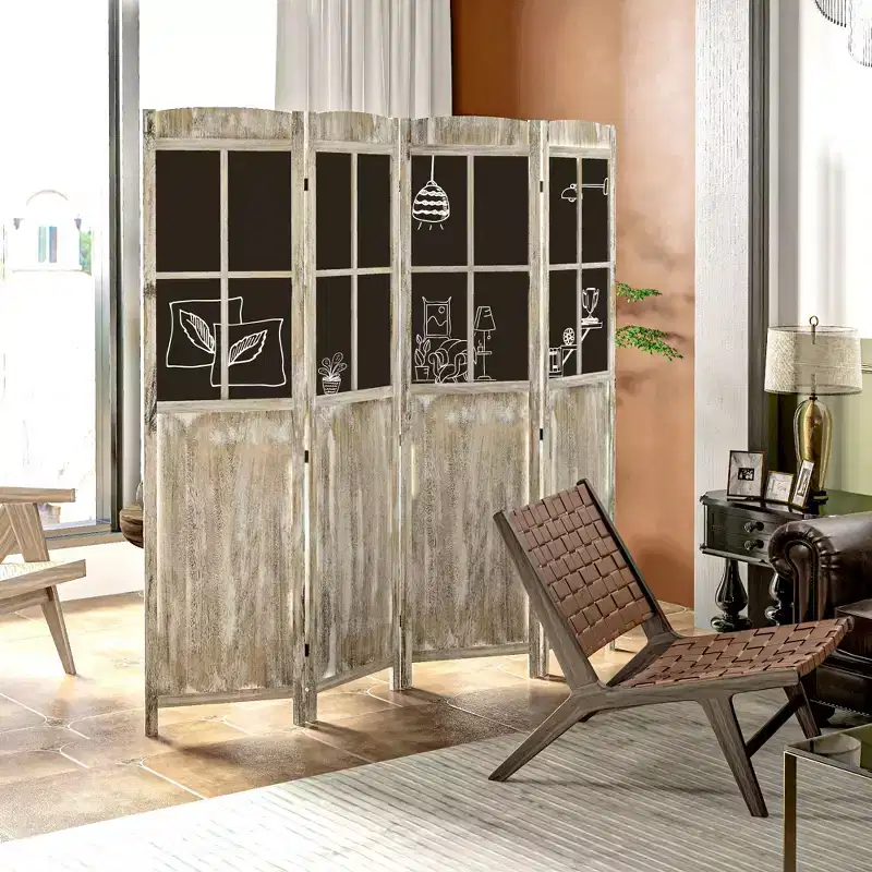 4 Panel Room Divider, 5.6' Tall Farmhouse Style Folding Indoor Portable Wood Privacy Screen with Black Boards