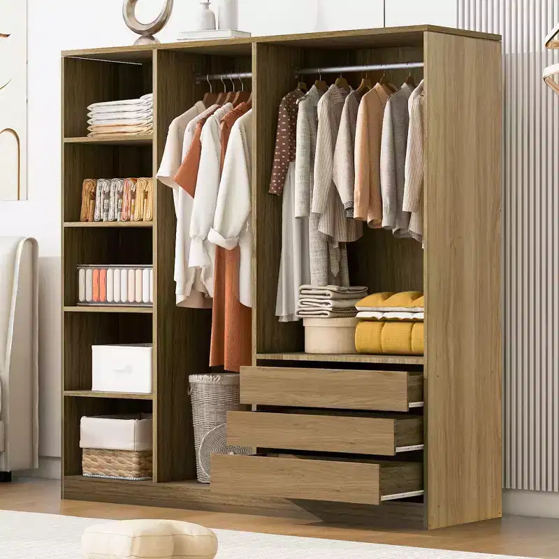 Whisen Doorless Wooden Storage Wardrobe with Shelves and 3 Drawers - Natural
