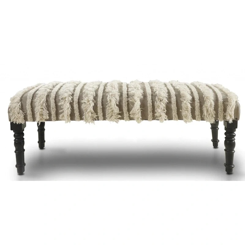 Wood Cream Cotton Upholstered Bedroom Bench Striped Pattern Nailhead Trim - 16 D X 47 W x 18 H