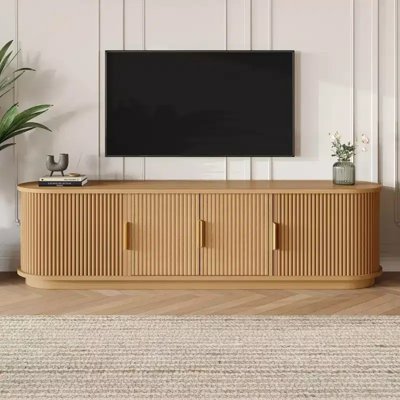 JVNOXK Farmhouse-Style Grooved Sliding Rolling Door TV Cabinet Suitable for TVs up to 75 inches Features storage space and handles Natural wood