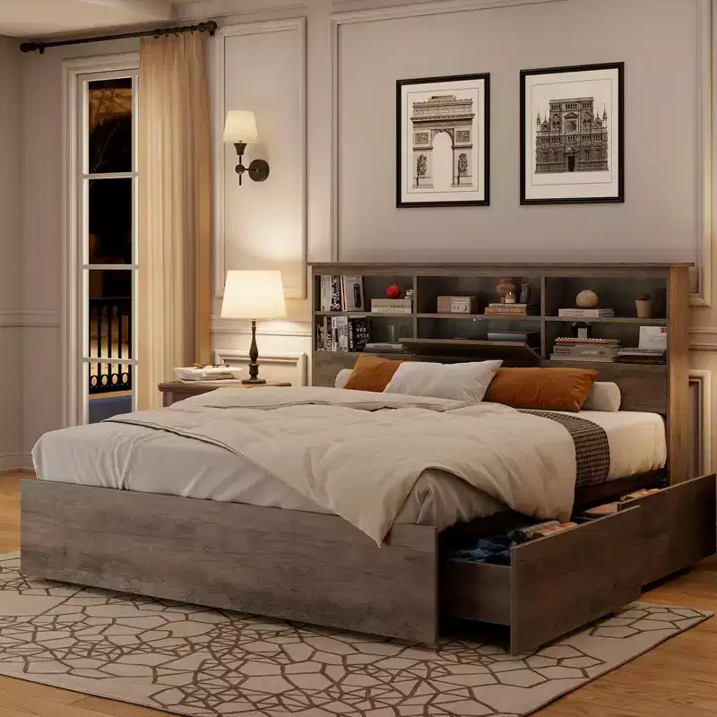 King Bed Frame with Storage Headboard - Platform Bed with 4 Drawers, Bookcase & Metal Slat Support, Grey