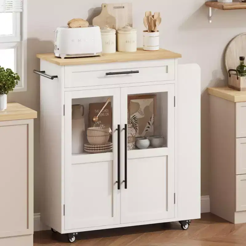 42 inch Kitchen Island Cart - Wood Top with Drawer, 3-Tier Shelves & Locking Wheels, Farmhouse Mobile Storage for Small Kitchens