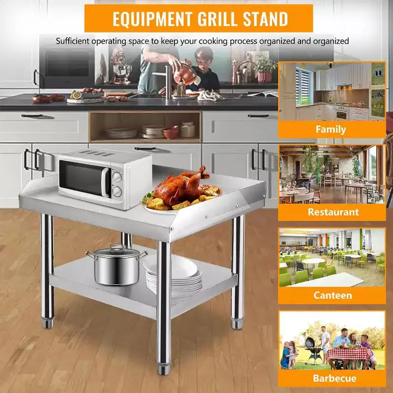 36x28x24 Stainless Steel Equipment Grill Stand Table,1000 lbs Top Shelf,220 lbs Bottom Shelf,Adjustable Legs,2 Edge Baffle