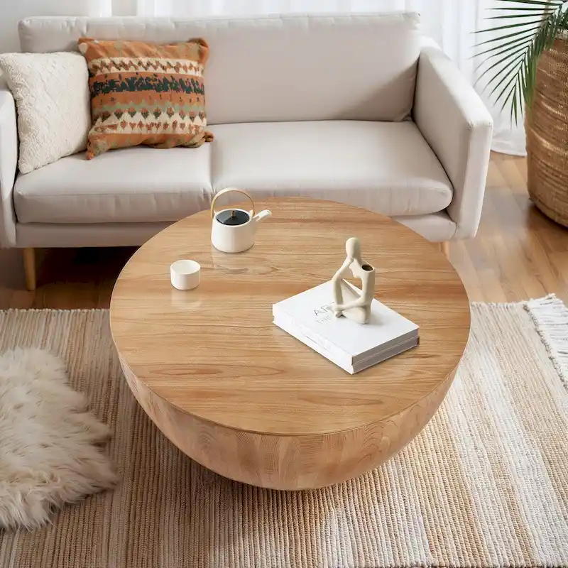 Round Bucket-Shape Coffee Table with Flip-Top Storage – Natural, 1-Unit