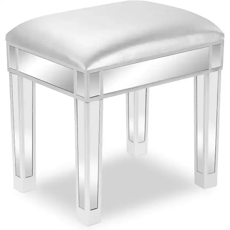 Silver Mirrored Vanity Bench with Storage, Faux Leather, 1-Seat