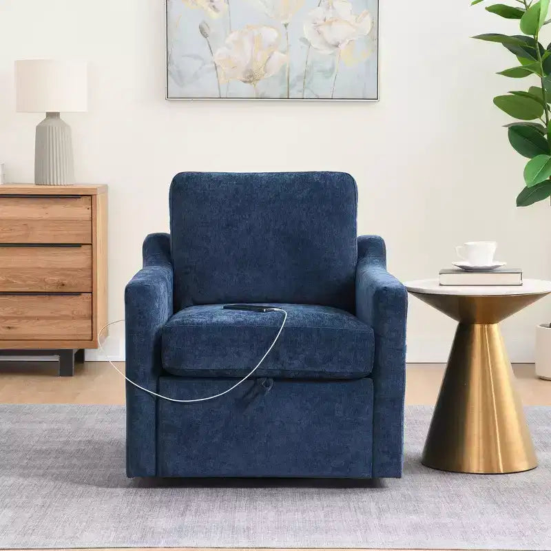 Swivel Reclining Nursery Rockers for Living Room, Chenille Chair with Phone Holder, USB/Type-c Ports, Arm Storage, Light Brown