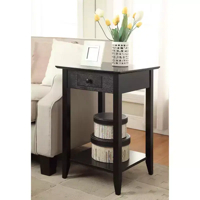 Square End Table with Drawer and Shelf, Black Hardwood Accent Table
