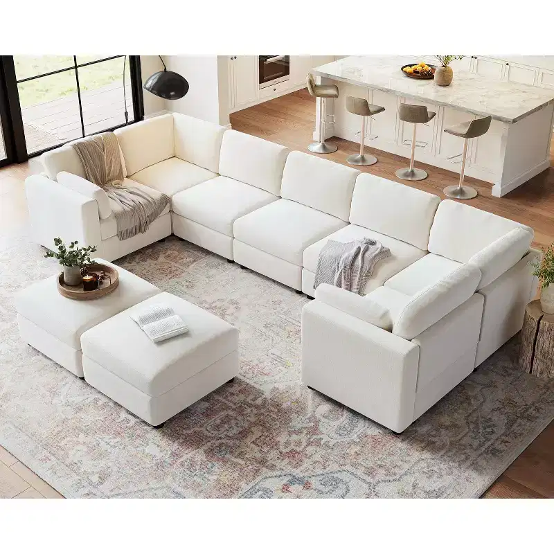128 Modular Sectional, 9-Seater L-Shaped Sofa w/ 2 Storage Ottomans, Modern Sleeper Couch with Washable Removable Covers & Pillows