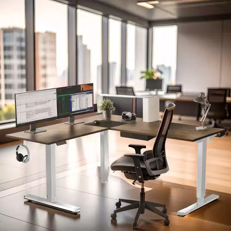 XL Electric Height Adjustable Corner Standing Desk, White Frame and Brown Tabletop