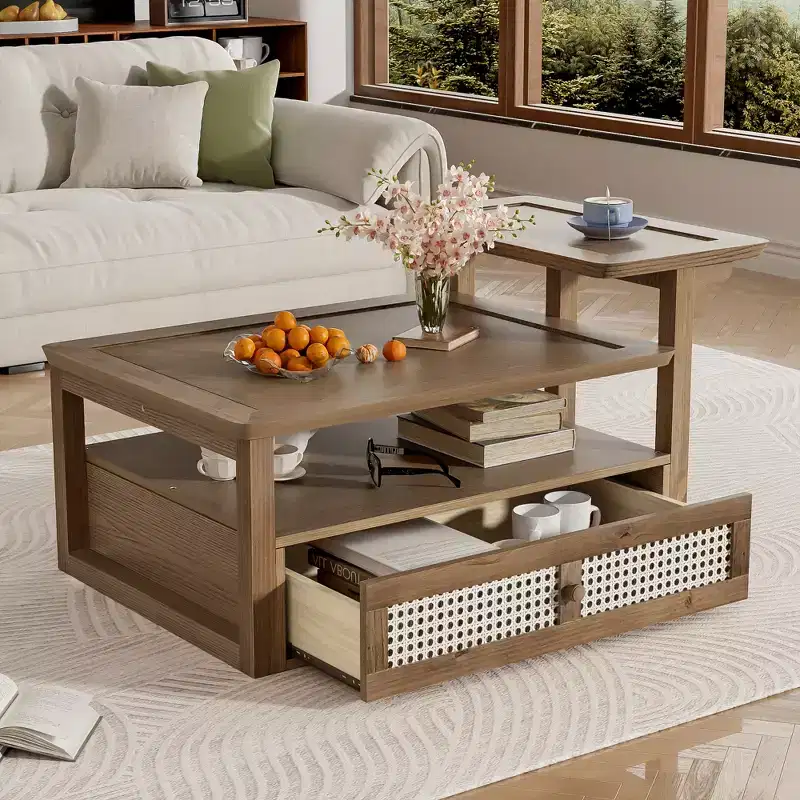 2 Tier Coffee Table with Rattan Drawer, Wood Square Center Table with Storage Shelf and 2 Tabletops for Living Room