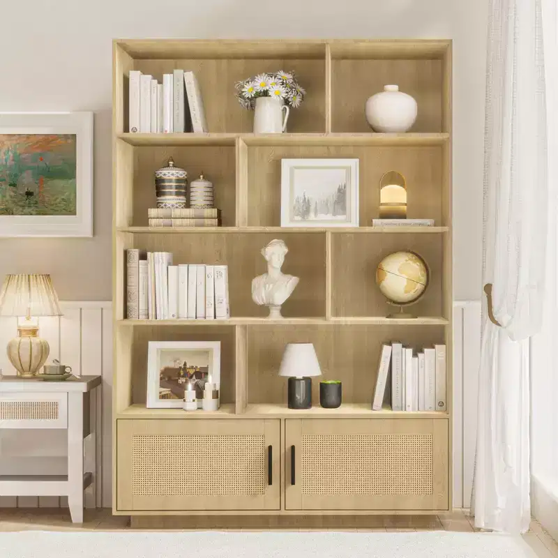 5 Tier Tall Bookshelf with Display Shelves, Rattan Classical Book Shelf with Storage, 5 Storage Bookcase with Metal Frame