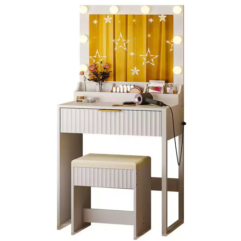 Vanity Dressing Table with Lighted Mirror & Stool, 1 Drawer 3 Compartments – Beige / Black / Pink / White
