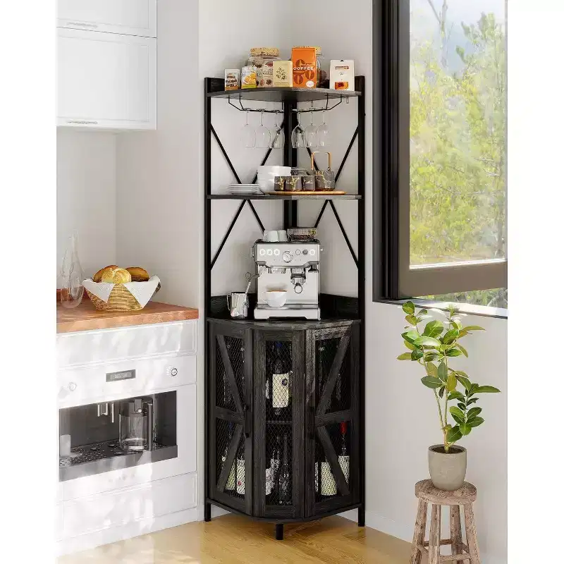 4-Tier Corner Storage Shelf, Freestanding Foldable Cabinet, Industrial Metal and Wood Rack for Small Spaces