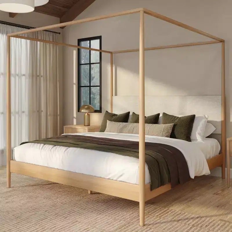 Harbor King Canopy Bed with Upholstered Headboard, Blonde/Swiss Coffee (MD2411-01)