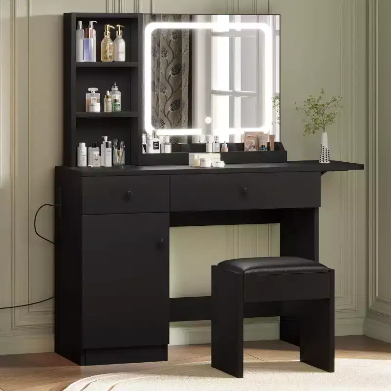 Makeup Vanity Desk with Mirror and Lights, Vanity Table Set with Drawer & Power Outlet  Storage Chair & 3 Shelves, Bedroom