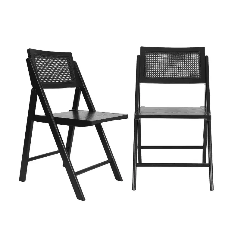 Set of 2 Cane Rattan Folding Chairs with Solid Wood Frames and Seats and Breathable Woven Rattan Backrest