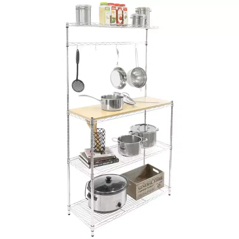 Baker's Rack with Wood Table Kitchen Storage Shelf Rack with Hooks Microwave Oven Stand Heavy-Duty Metal Frame