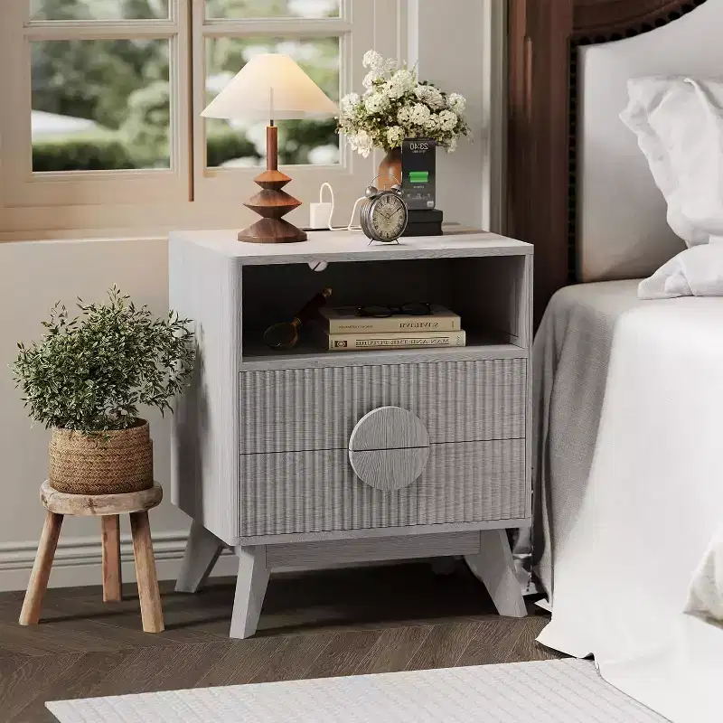 Modern Fluted Nightstand with Charging Station, Wood Bedside Table with Drawers & Storage Shelf for Living Room Bedroom
