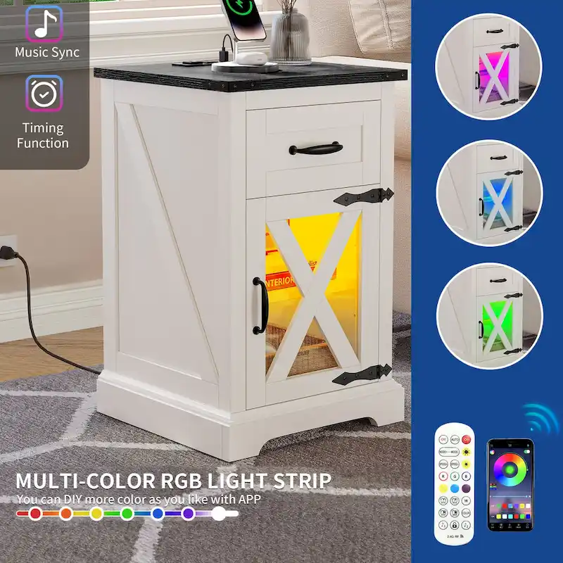 Moasis Set of 2 End Table with Drawer and Power Outlet, LED Light Side Table with Charging Station