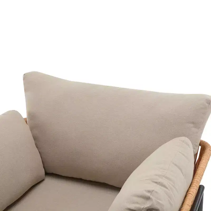 36W Patio Accent Chair Lounge Chair Arm Chair with Cushions, Pillows and Stylish Rope-Weave Design, Iron, Beige+Grey/Natural-ModernLuxe