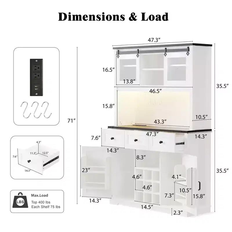 71in Farmhosue Pantry Bar Cabinet with Storage Rack, Rustic Kitchen Coffee Cabinet with Hutch, Sliding Door, Power Outlet, Pegboard, 3 Drawers, White