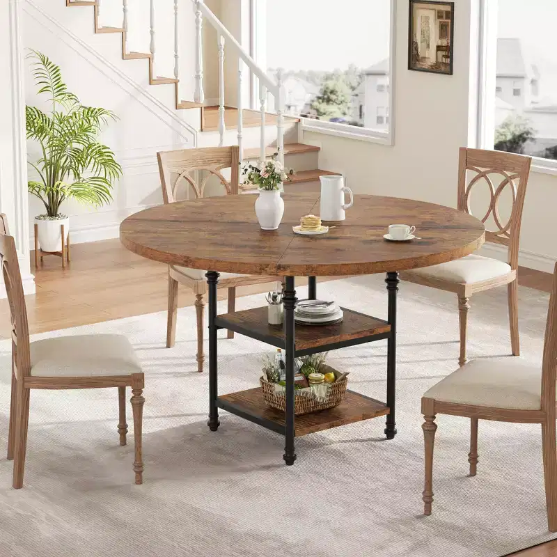 47 in Round Dining Table for 4, Wooden Kitchen Table with Storage Shelves & Roman Metal Legs for Dining Room, Kitchen, Living Room (Table Only)