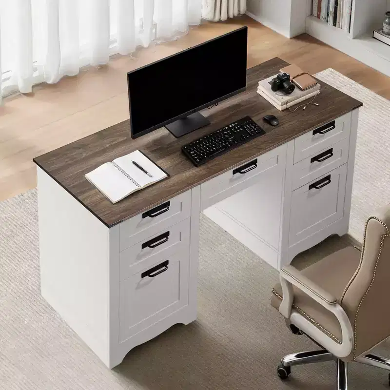 VEVOR Executive Desk, Farmhouse Office Table with Charging Station,Particle Board Executive Table with Storage Drawers, 200 LBS Load Capacity, Brown