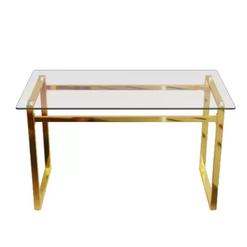 Modern Minimalist Rectangular Glass Dining Table for 4-6 with 0.31 Tempered Glass Tabletop and Golden Chrome Metal Legs