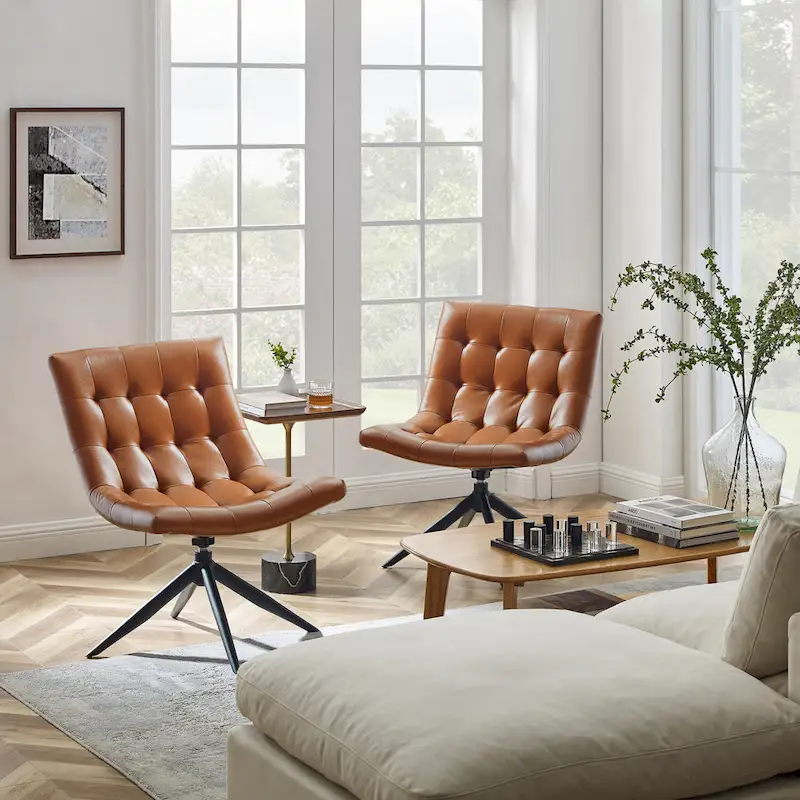 360° Swivel Armless Accent Chair | Faux Leather | Black Steel Base | Home Office & Living Room
