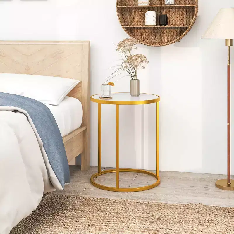 Costway 2PCS Marble Top Round Side Table 19.5x19.5 End Table w/Golden Metal Frame Gold