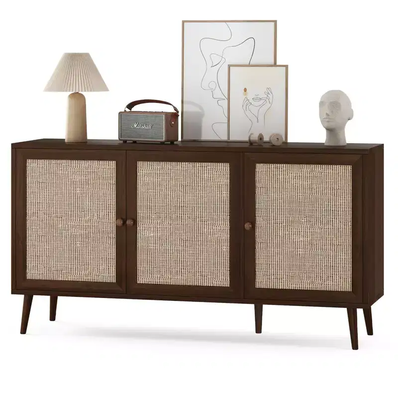 PexFix Side Panel Cabinet With 3 Rattan Doors Kitchen Storage Cabinet Modern Adjustable Legs