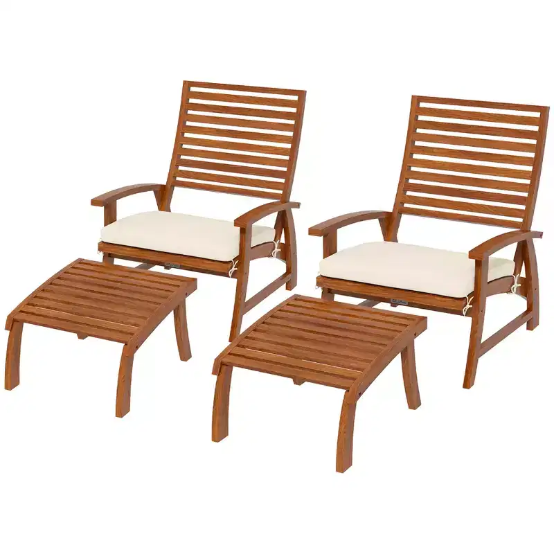 Outsunny 4 Piece Patio Furniture Set, 2 Chairs with Cushions & Ottomans, Slatted Acacia Wood Seat & Backrest, Cream White