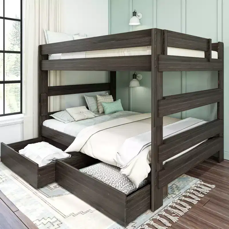 Solid Wood Modern Farmhouse Farmhouse Queen/Queen Bunk Bed with Storage Drawers