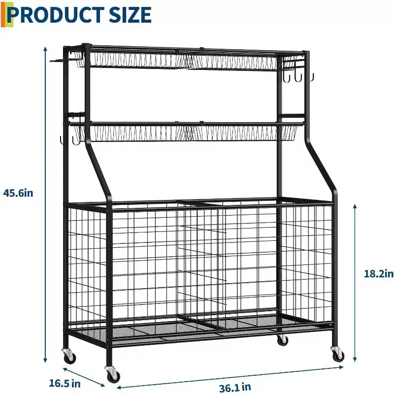 Sports Equipment Organizer,Large Capacity Garage Sports Toy Organizer with Hooks and Baskets,Rolling Ball Cart with Wheels for Toy and Gear Organizer