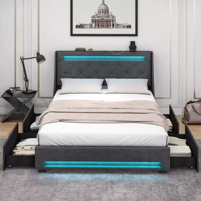 Costway Full/Queen Size Bed Frame with LED Lights & Charging Station Upholstered Platform Bed