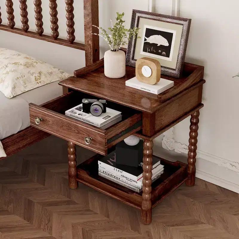 Vintage Nightstand Retro End Table Sofa Side Table Accent Table Bed Beside Table with Drawer, Open Shelf & Turned Legs - ModernLuxe