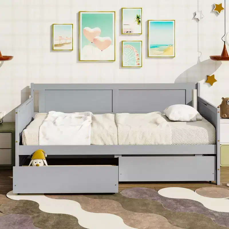 Twin Size Daybed with Two Storage Drawers, Wood Platform Bed with Storage for Bedroom